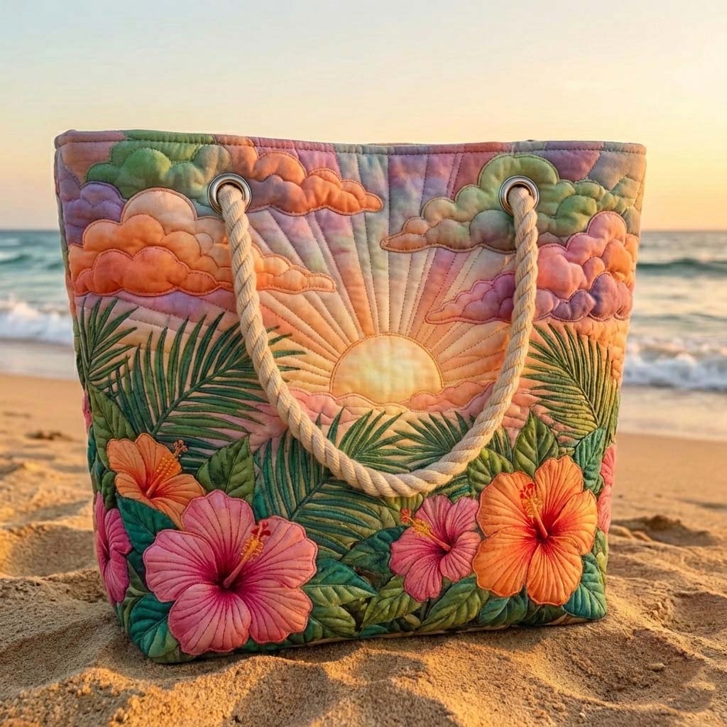 Tropical Sunrise quilted beach bag in large summer tote style