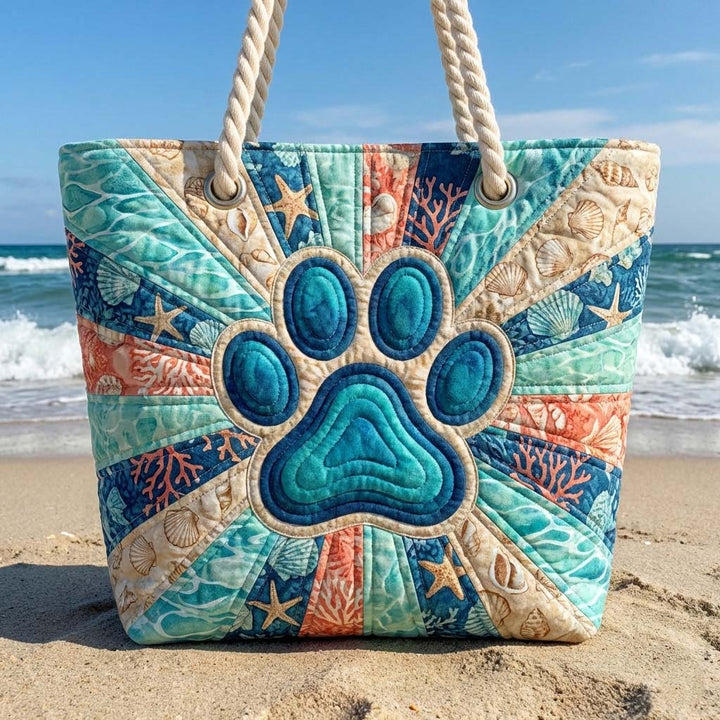 Colourful Paw Prints quilted beach bag in large summer tote style
