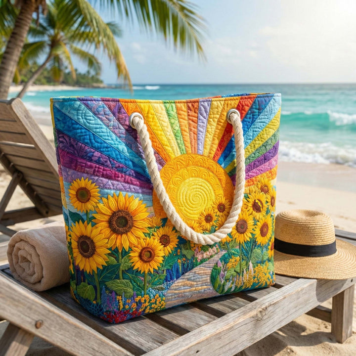 Rainbow Sunshine quilted beach bag in large summer tote style