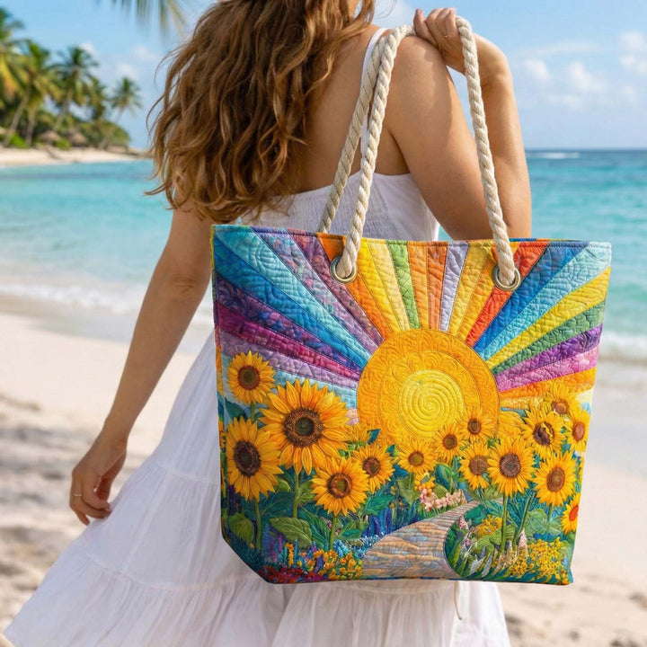 Rainbow Sunshine quilted beach bag in large summer tote style