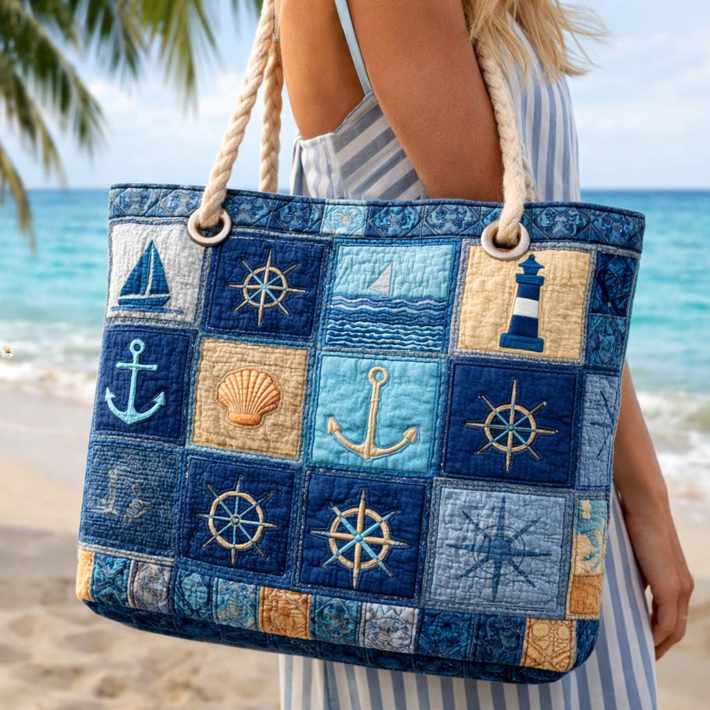 Nautical Blue quilted beach bag in large summer tote style