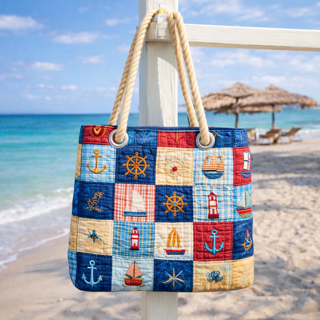 Nautical Patchwork quilted beach bag in large summer tote style