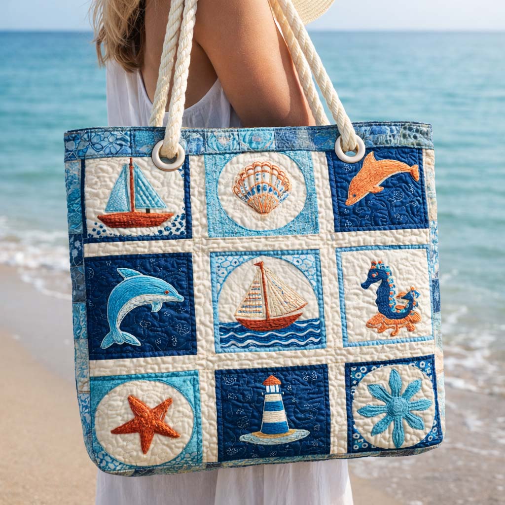 Colourful Marine Creatures quilted beach bag in large summer tote style