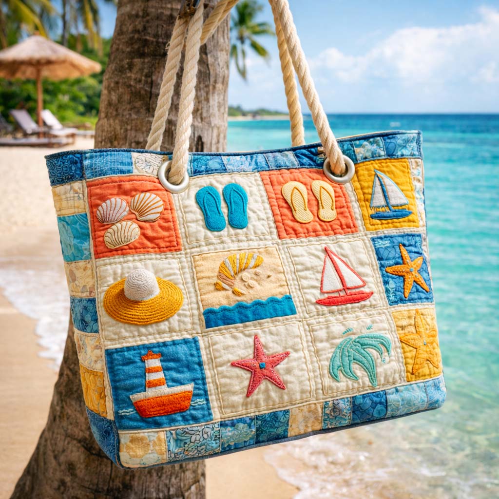 Summer Patchwork quilted beach bag in large summer tote style