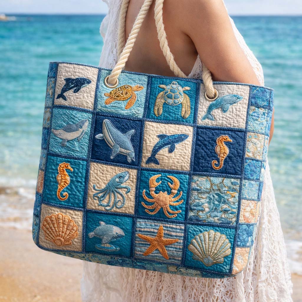 Underwater Marine Life quilted beach bag in large summer tote style