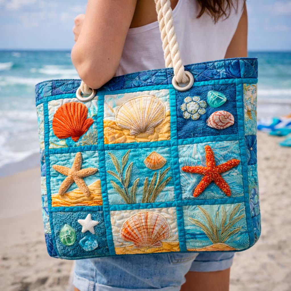 Coastal Shell Collection quilted beach bag in large summer tote style