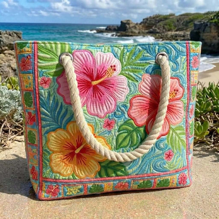 Tropical Flowers quilted beach bag in large summer tote style