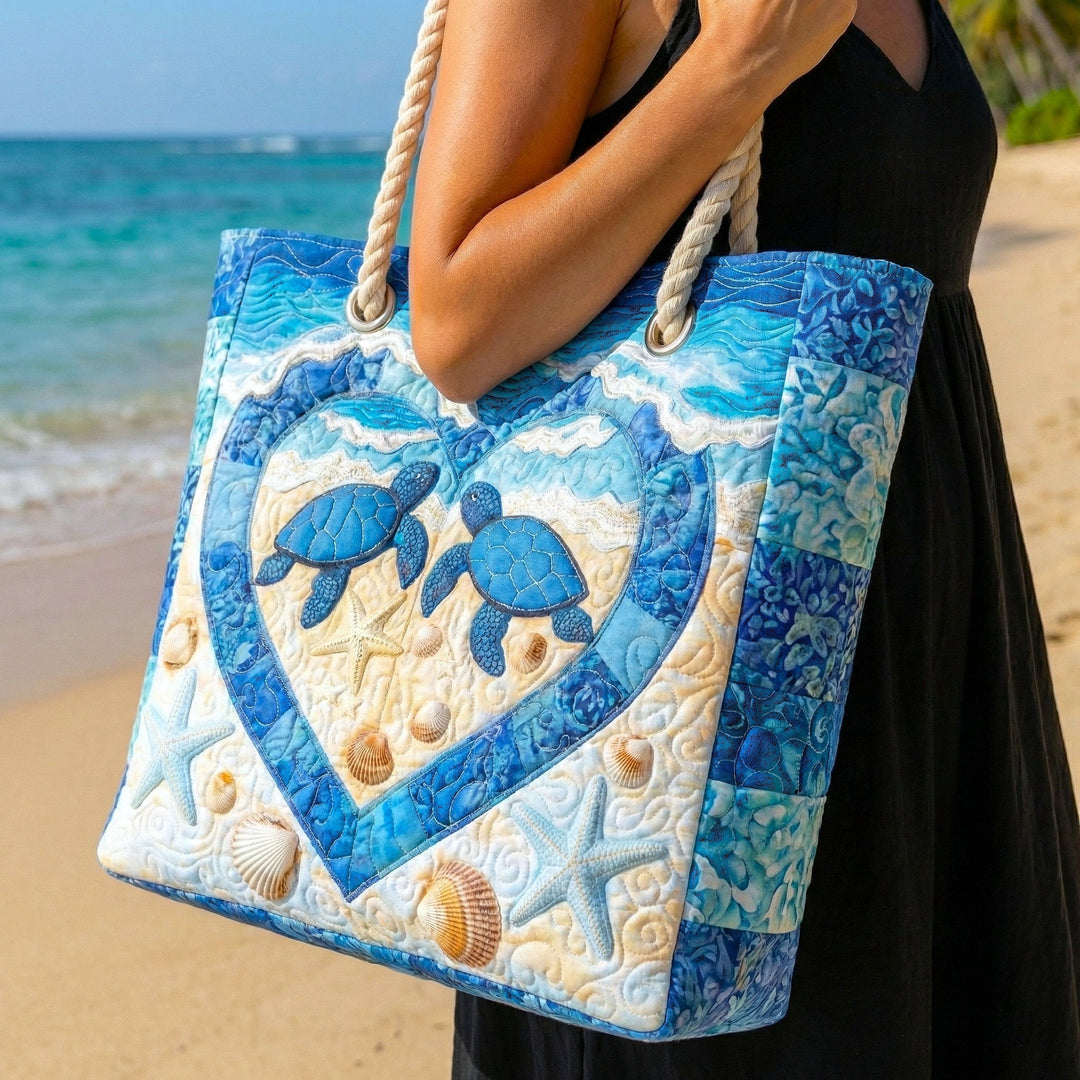 Serene Turtle quilted beach bag in large summer tote style
