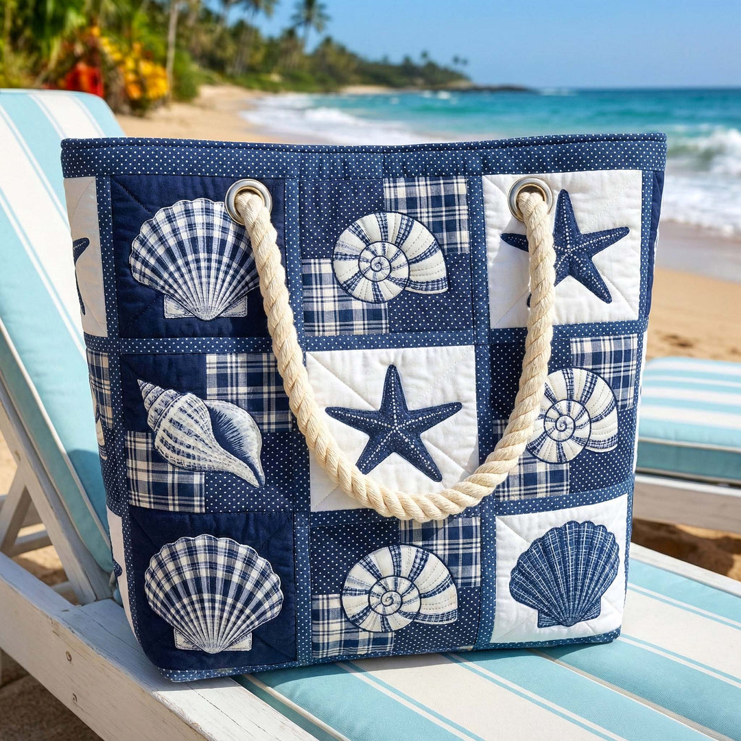 Serene Seashells quilted beach bag in large summer tote style