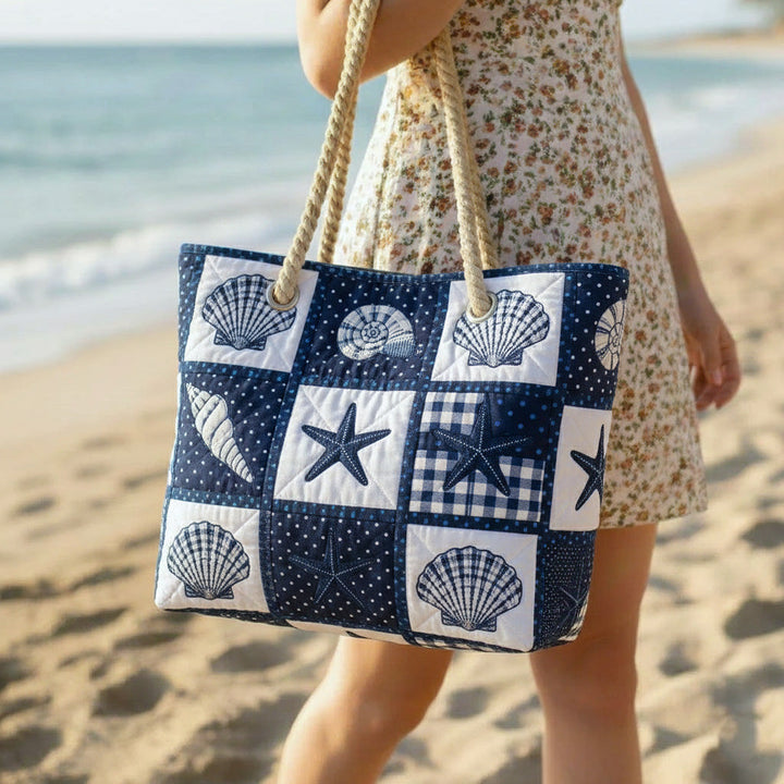 Serene Seashells quilted beach bag in large summer tote style