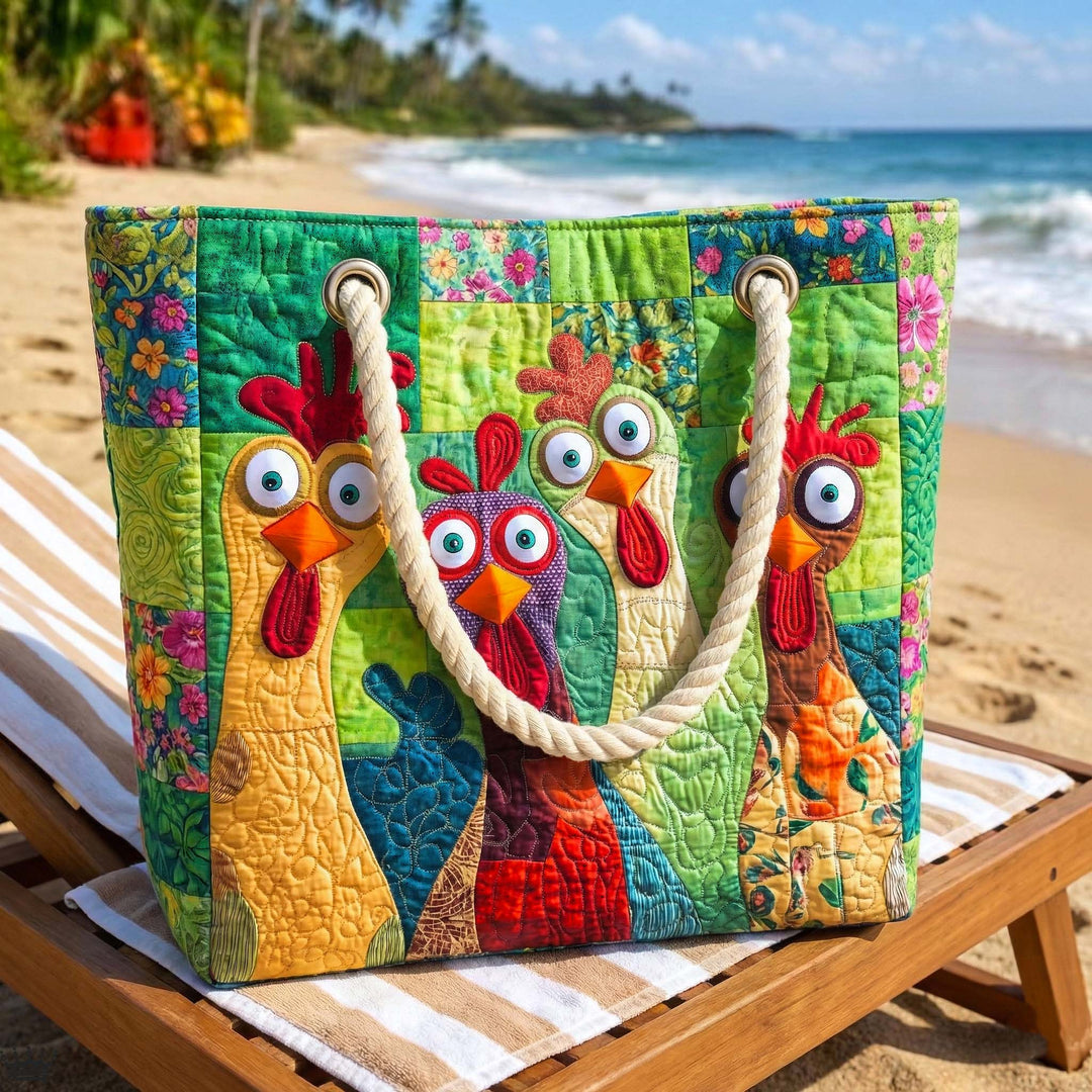 Colourful Hen quilted beach bag in large summer tote style