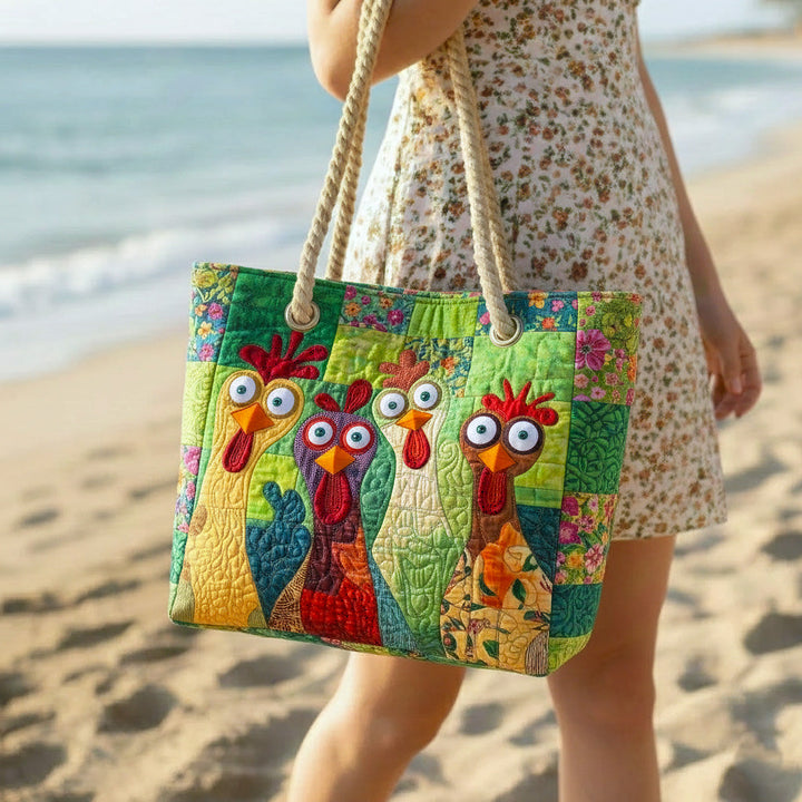 Colourful Hen quilted beach bag in large summer tote style