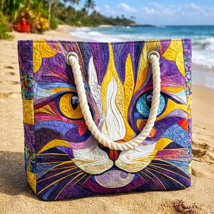 Playful Cat quilted beach bag in large summer tote style
