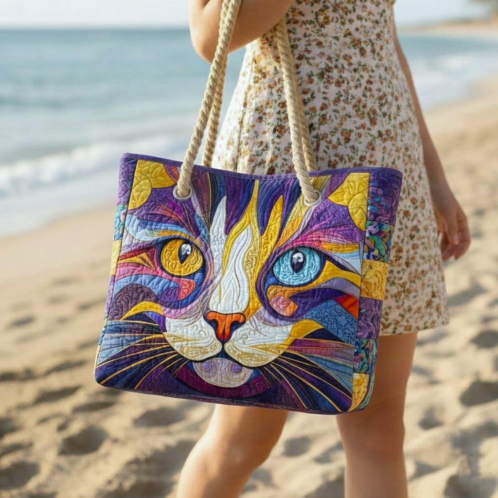 Playful Cat quilted beach bag in large summer tote style