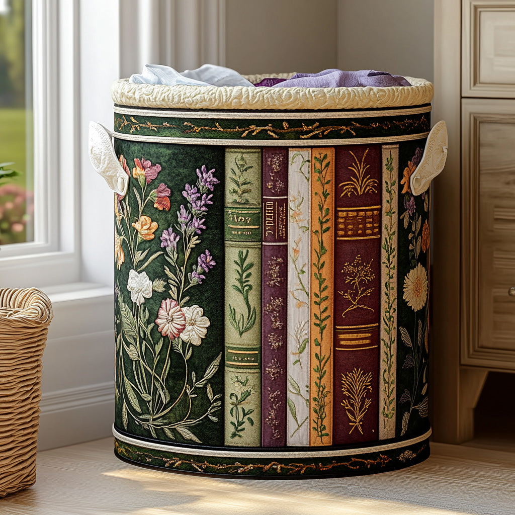 Quilted laundry basket with books and flowering garden NCU0PVL466