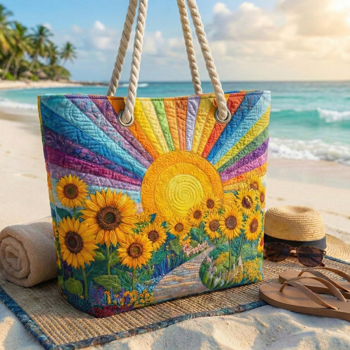 Rainbow Sunshine quilted beach bag in large summer tote style