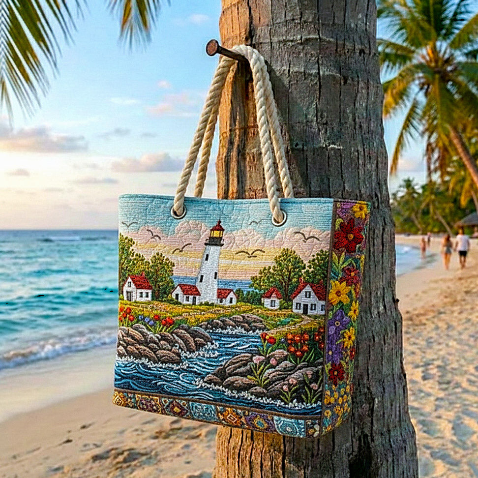 Coastal Lighthouse quilted beach bag in large summer tote style