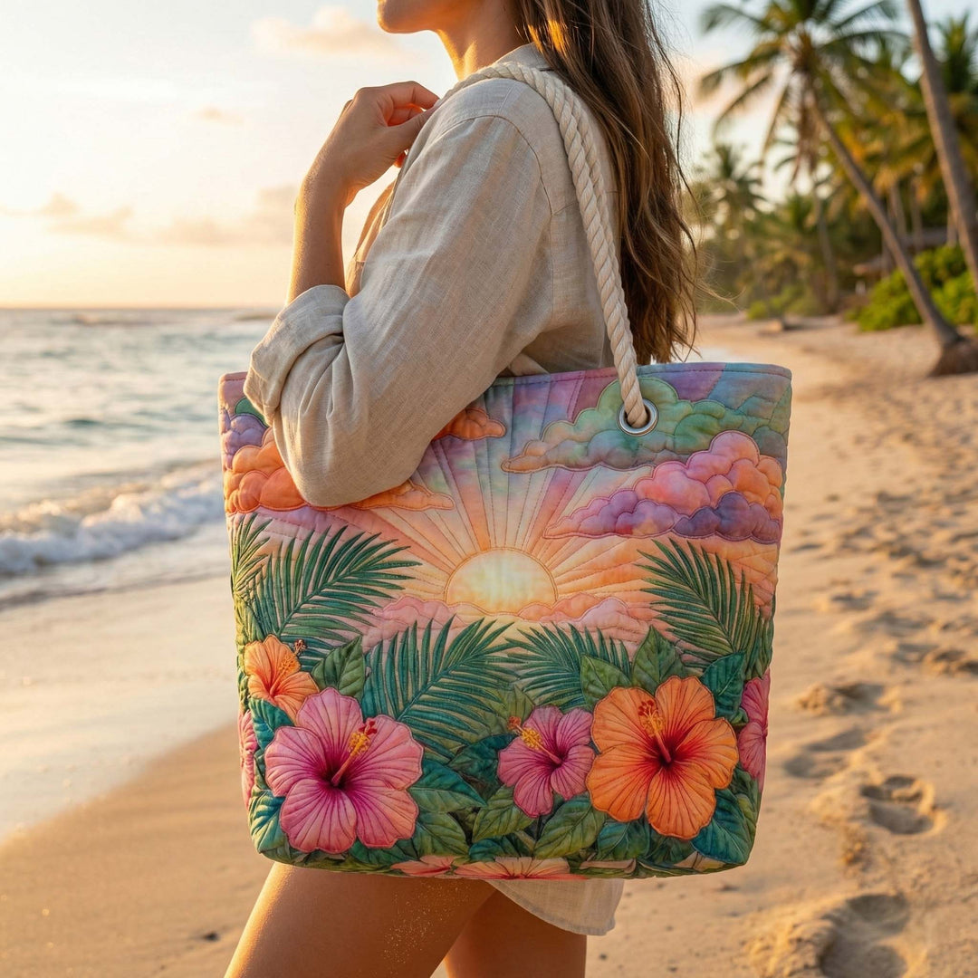 Tropical Sunrise quilted beach bag in large summer tote style