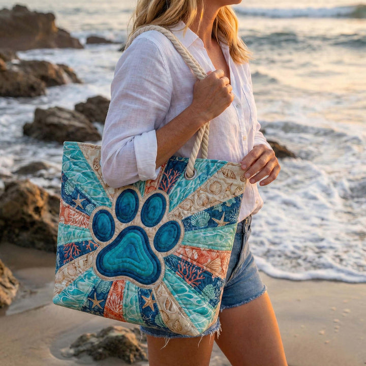 Colourful Paw Prints quilted beach bag in large summer tote style