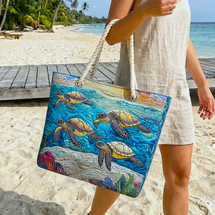 Marine Turtle quilted beach bag in large summer tote style