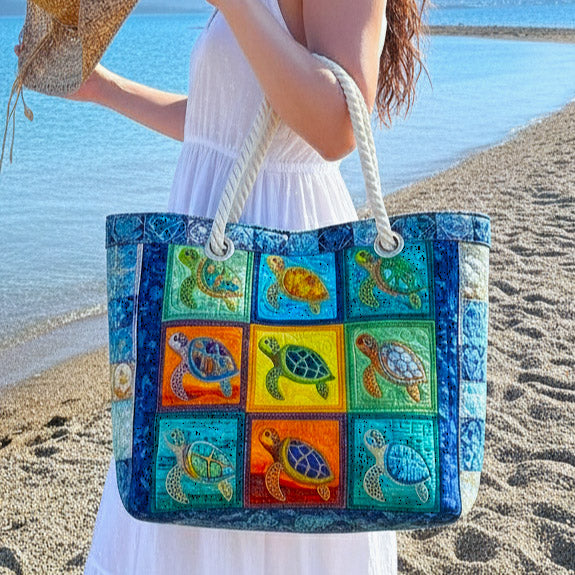 Tranquil Turtle quilted beach bag in large summer tote style