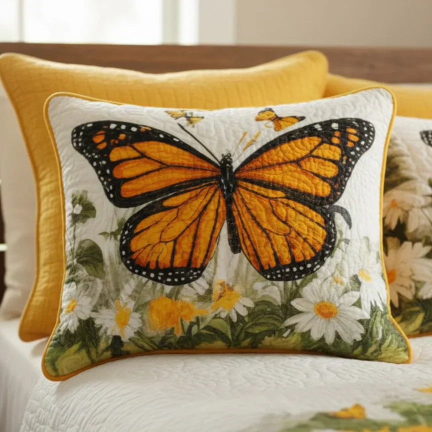 Quilted cushion cover with monarch butterfly on the lawn