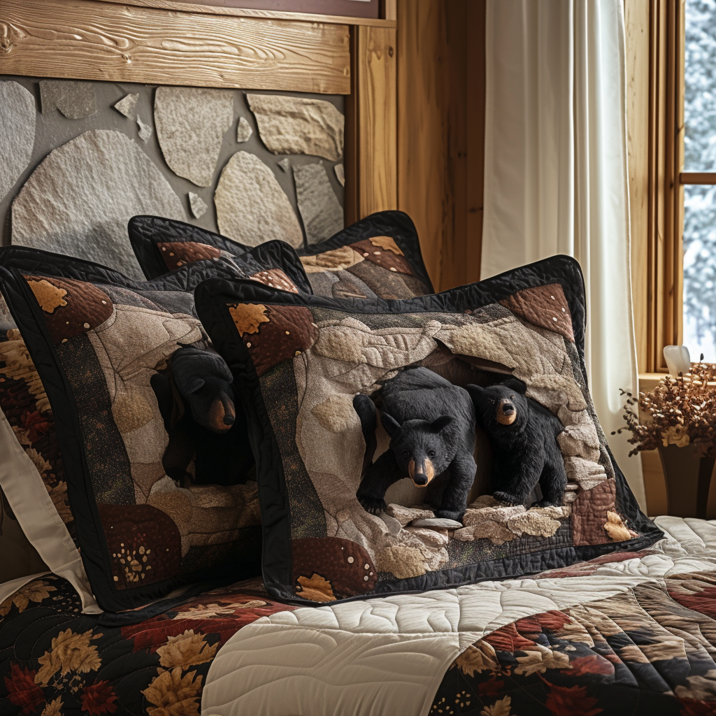 Quilted cushion cover with black bear among golden pines NCU0DV8010