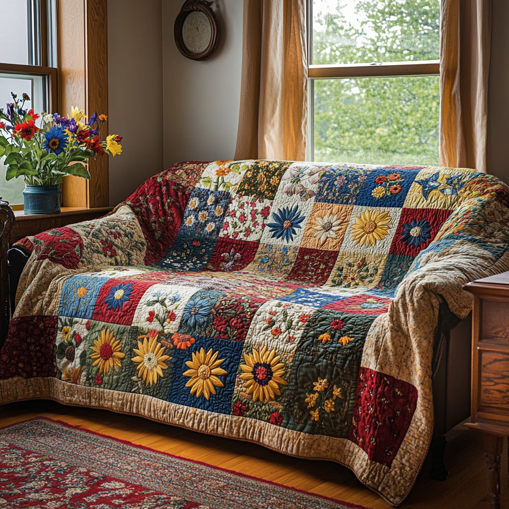 Quilted sofa cover with daisy field NCU0VL2992