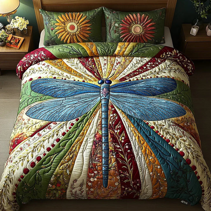 3-Piece Quilted Bed Cover Set - Golden Dragonfly