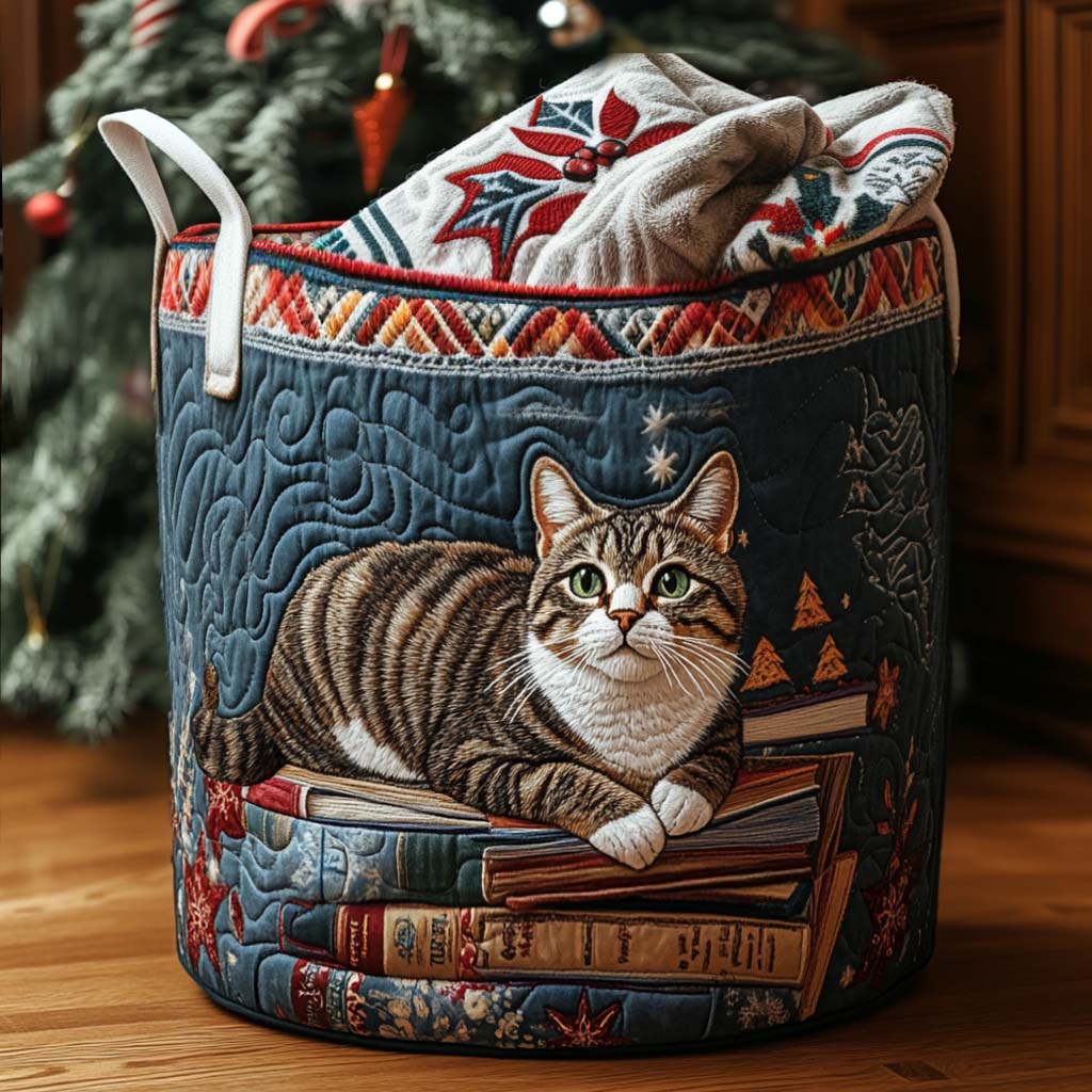 Quilted laundry basket with cat and festive details NCU0PTT1511