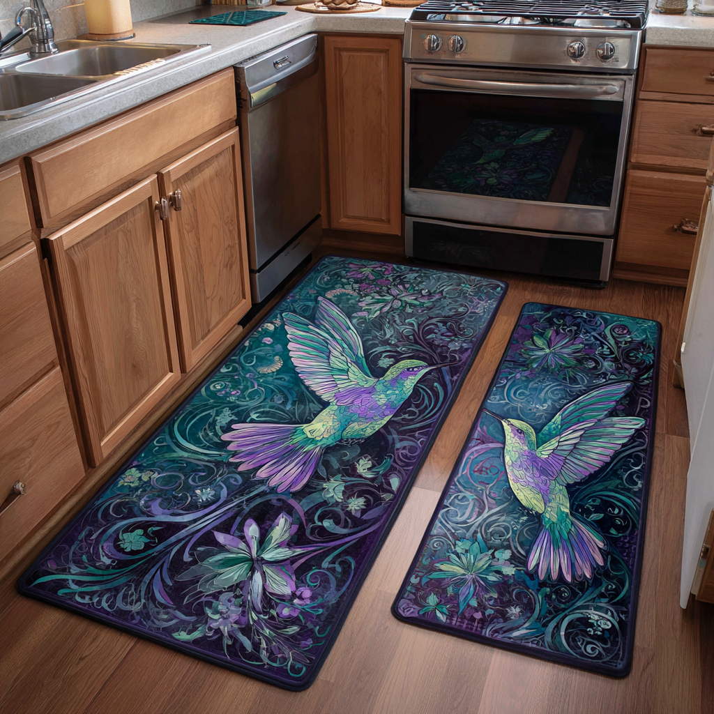 Non-slip kitchen rug with hummingbirds and garden flowers NCU0DK10912