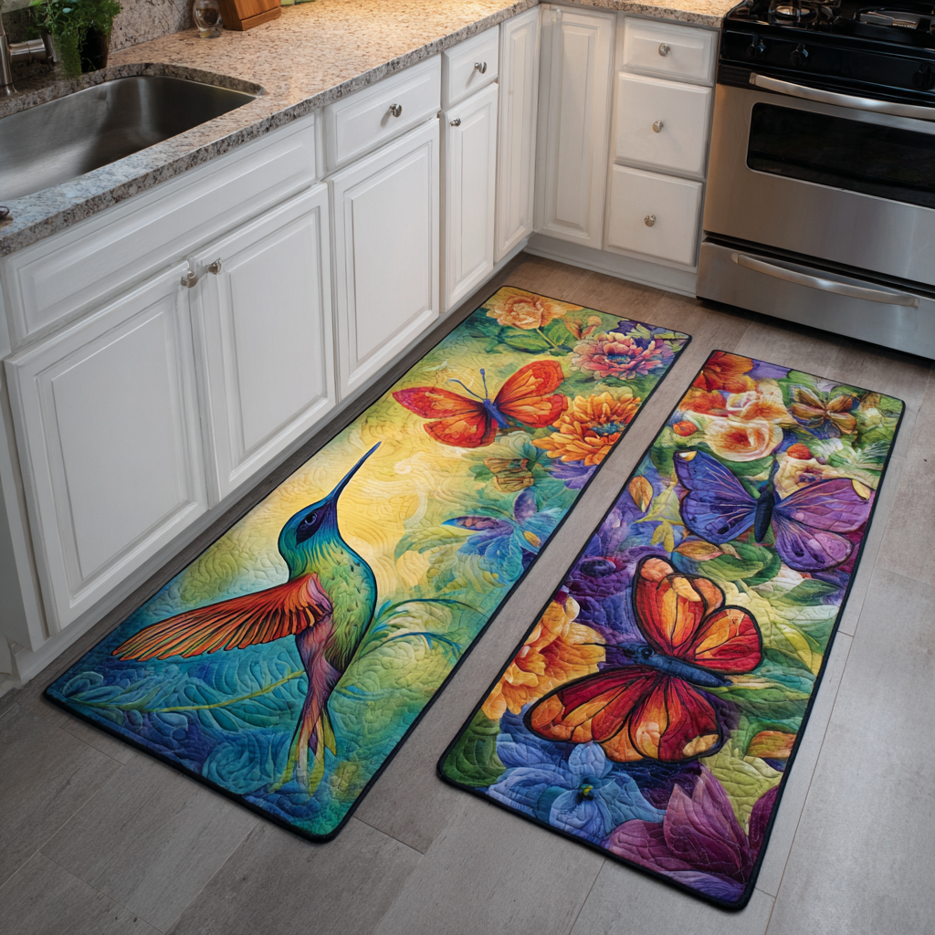 Non-slip kitchen rug with hummingbirds and garden flowers NCU0DK11063