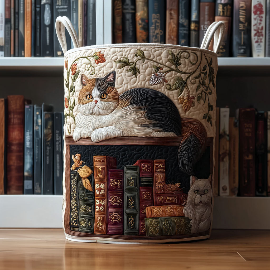 Quilted laundry basket with cat and books NCU0PTT1381
