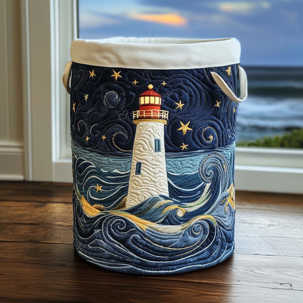 Quilted laundry basket with lighthouse by the sea NCU0NNT1244
