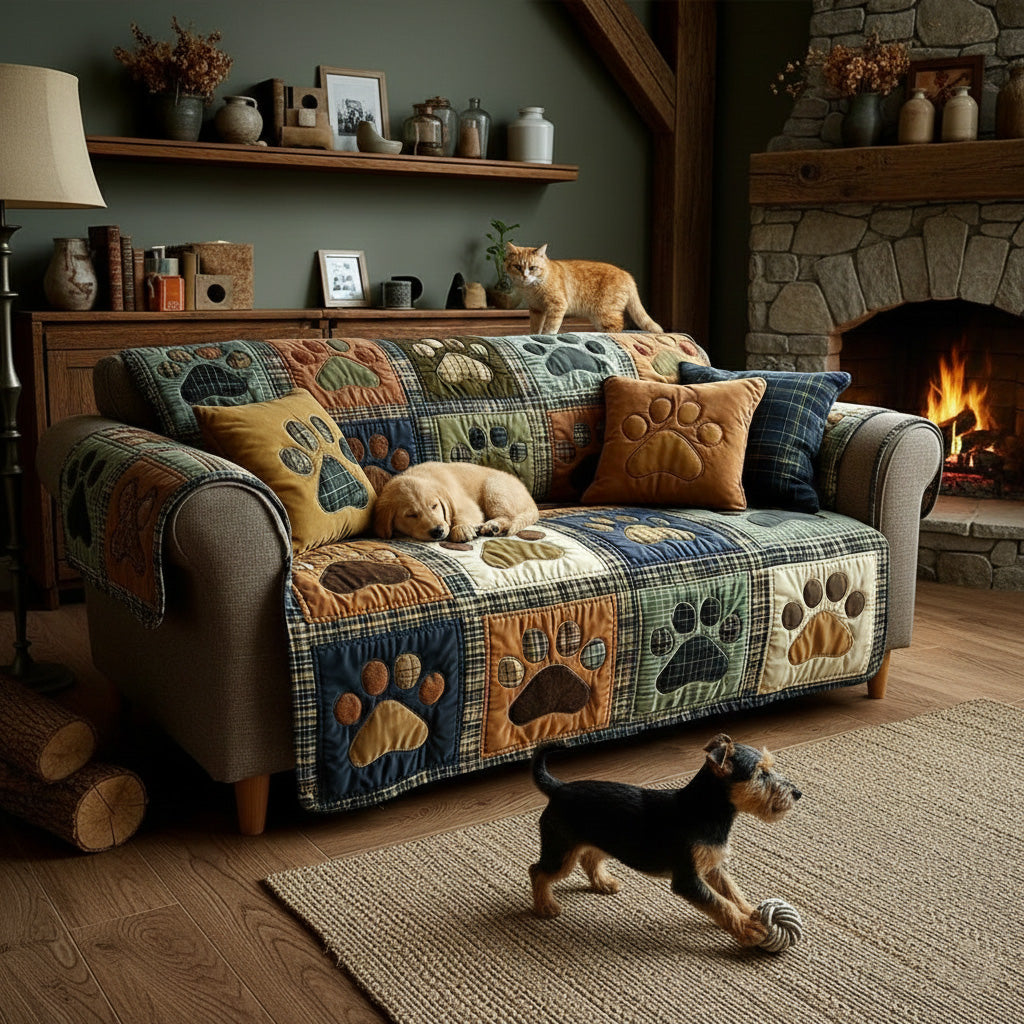 Quilted sofa cover with paw and heart NCU0NT11193