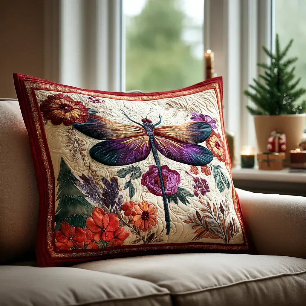 Quilted pillow cover with magical dragonfly