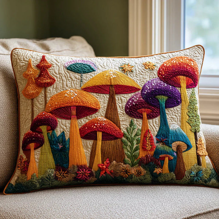 Quilted Cushion Cover with Mushroom Garden
