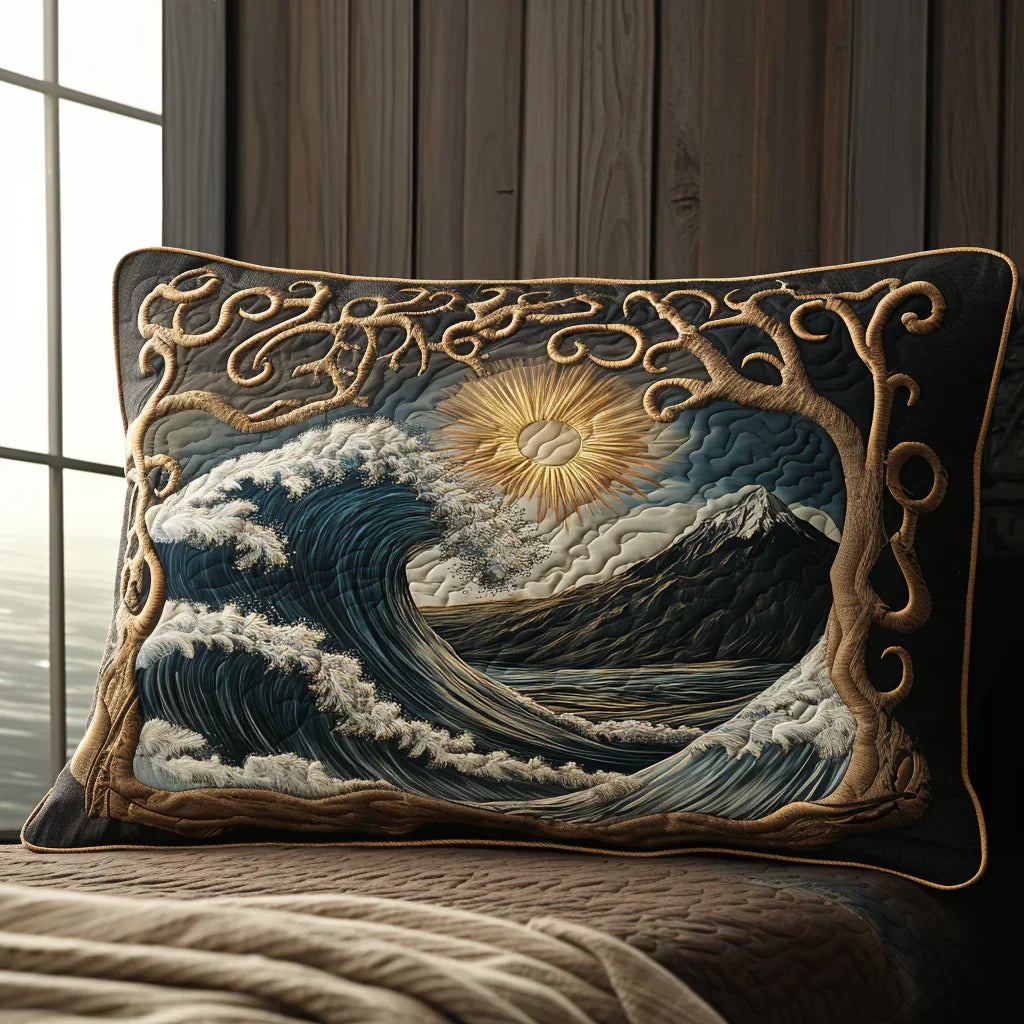 Quilted pillow cover with ocean waves
