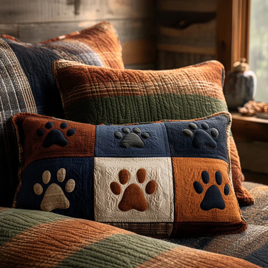 Quilted cushion cover with grass and footprints