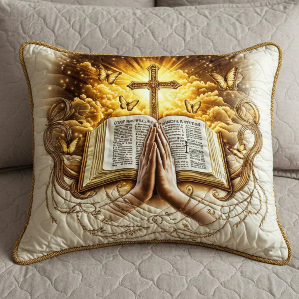 Quilted pillow cover with prayer and writing