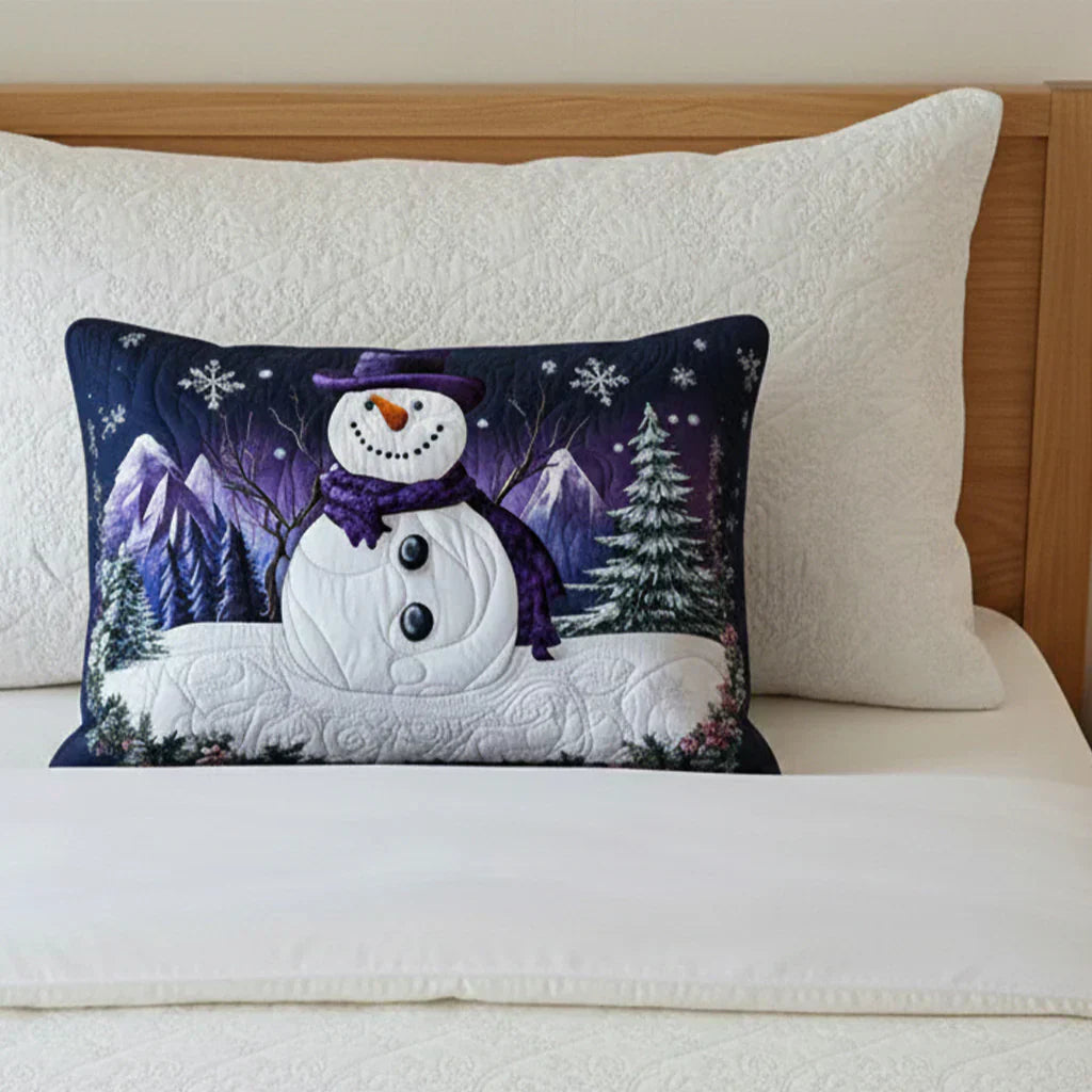 Quilted pillow cover with purple snowman