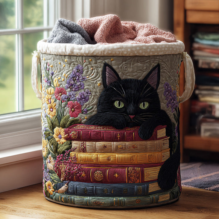 Quilted laundry basket with cat and books NCU0PVL564