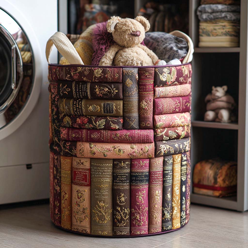 Quilted laundry basket with books and flowers NCU0NNT1128