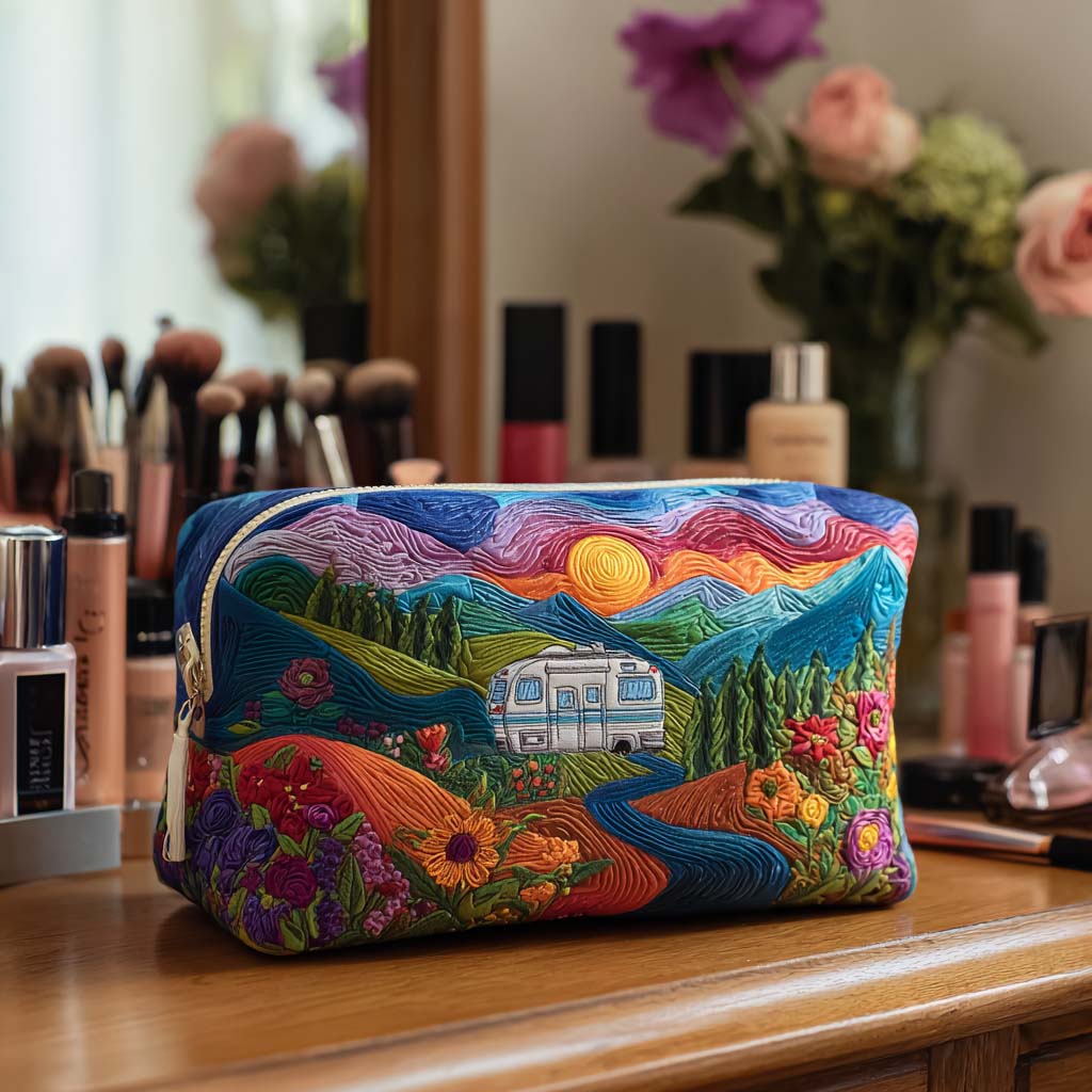 Quilted beauty case with retro travel pattern NCU0PT9477