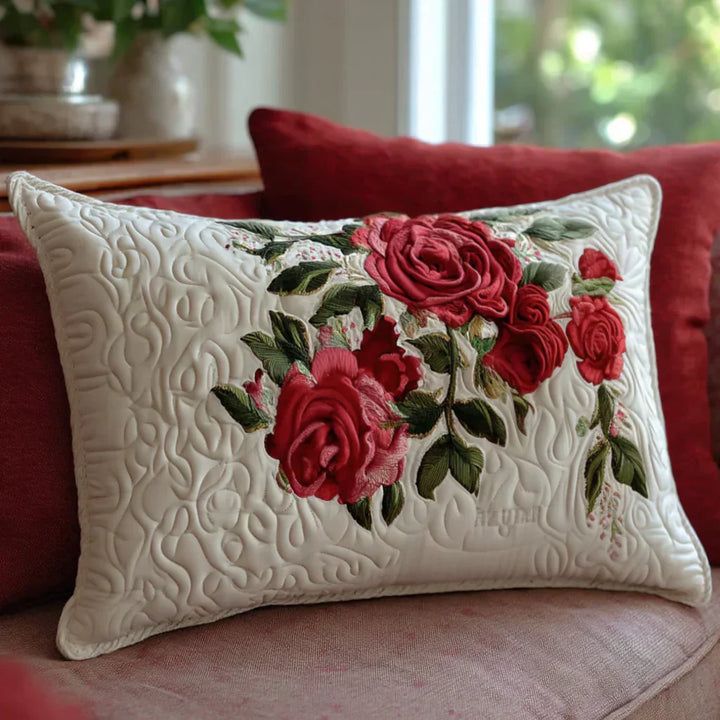 Quilted pillow cover with roses and hearts