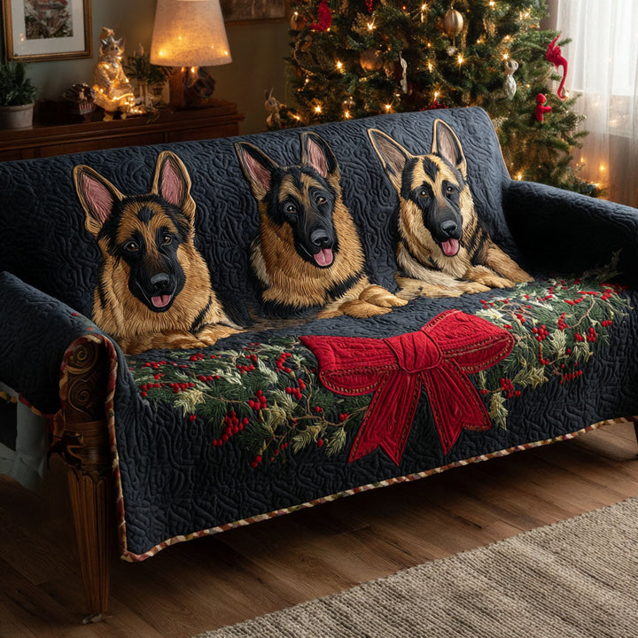 Quilted sofa cover with German shepherd and winter bow NCU0TV950