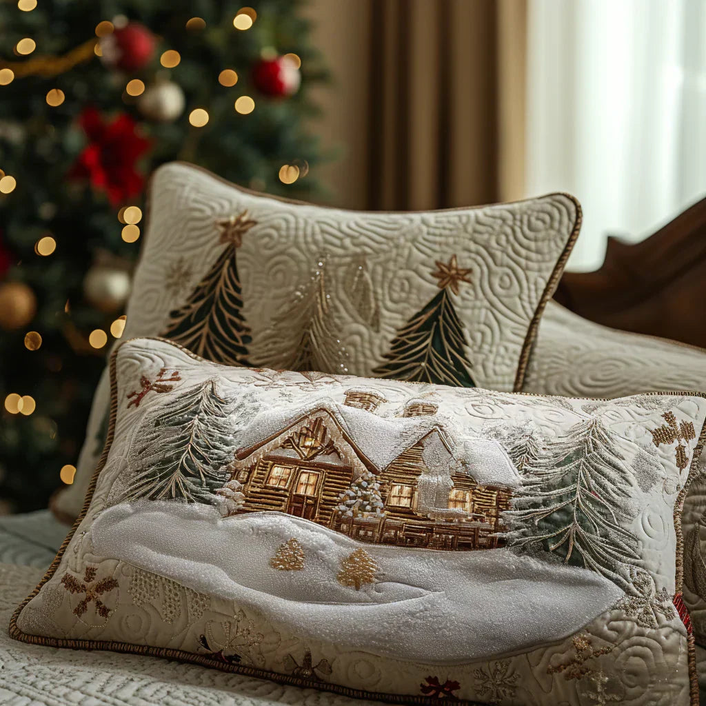 Quilted cushion cover with chalet under the snow
