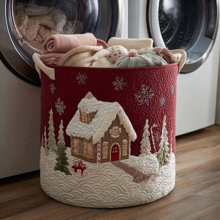 Quilted laundry basket with snow-covered house NCU0HNH078
