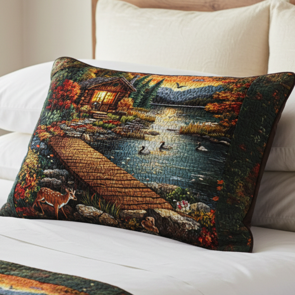 Quilted cushion cover with cabin by the lake at sunset NCU0NT5169