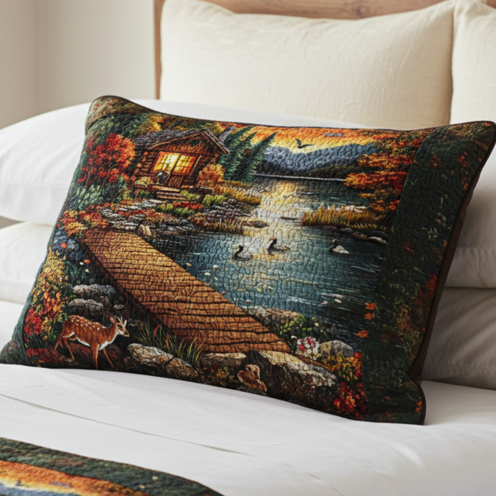 Quilted cushion cover with cabin by the lake at sunset NCU0NT5169
